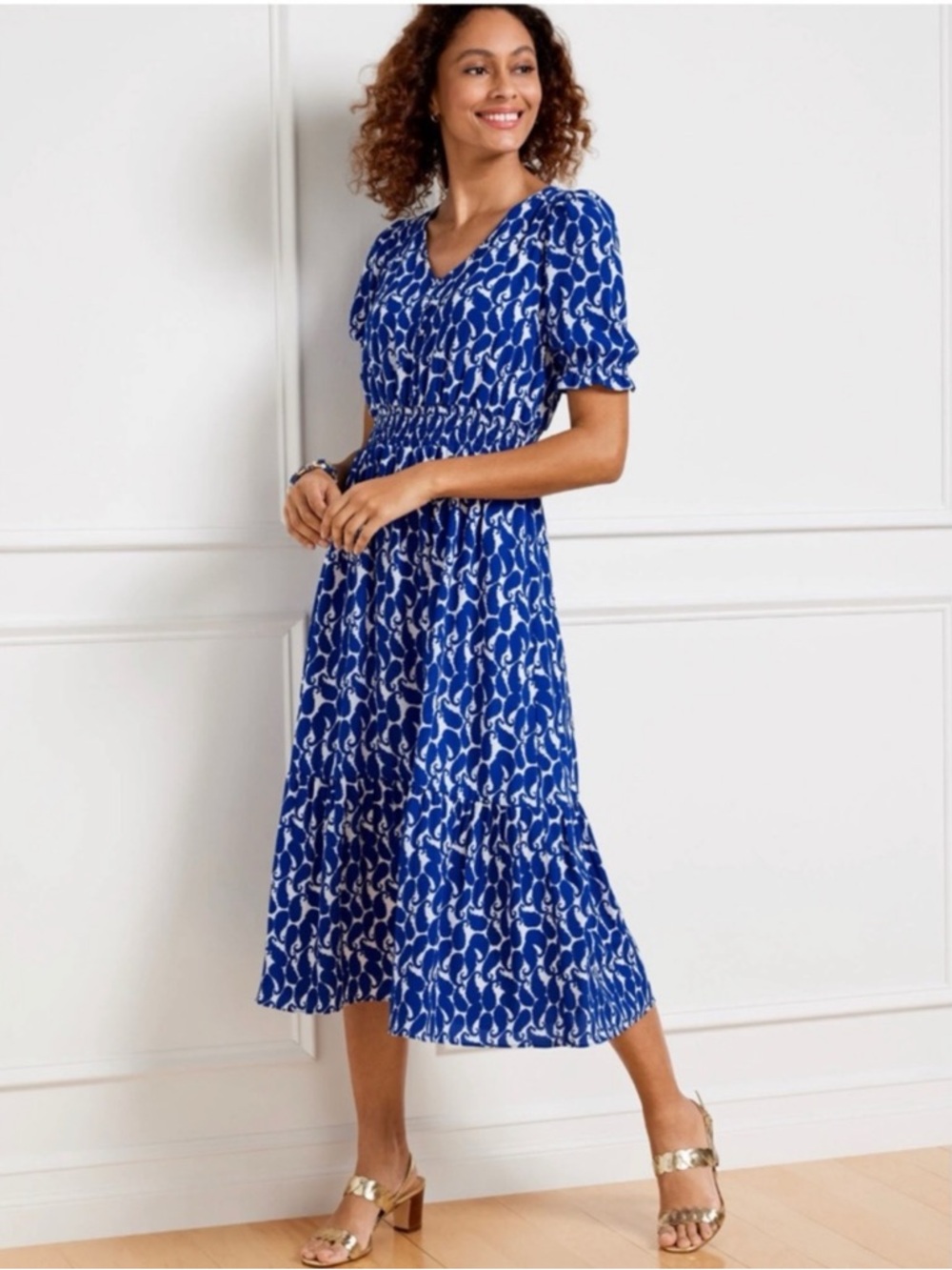 Talbots STRETCH CREPE SMOCKED MIDI DRESS SHADOW PAISLEY Blue 8P NWT